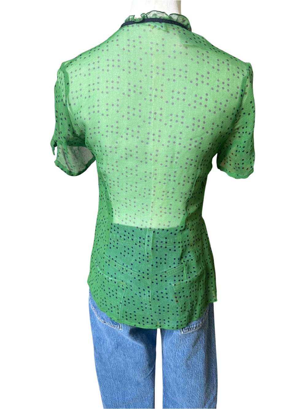 Anthropologie Green Sheer Pintuck Blouse with Black Ribbon - Picture 5 of 6